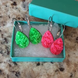 Vibrant Green and Pink Druzy Style Teardrop Earrings